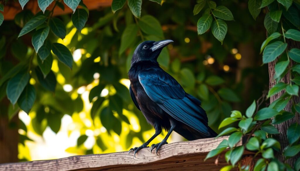 Crow roosting on a wooden shelf