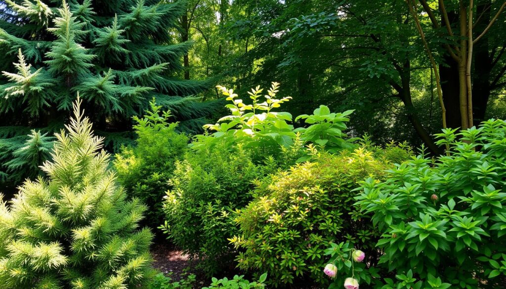 Evergreen trees and shrubs